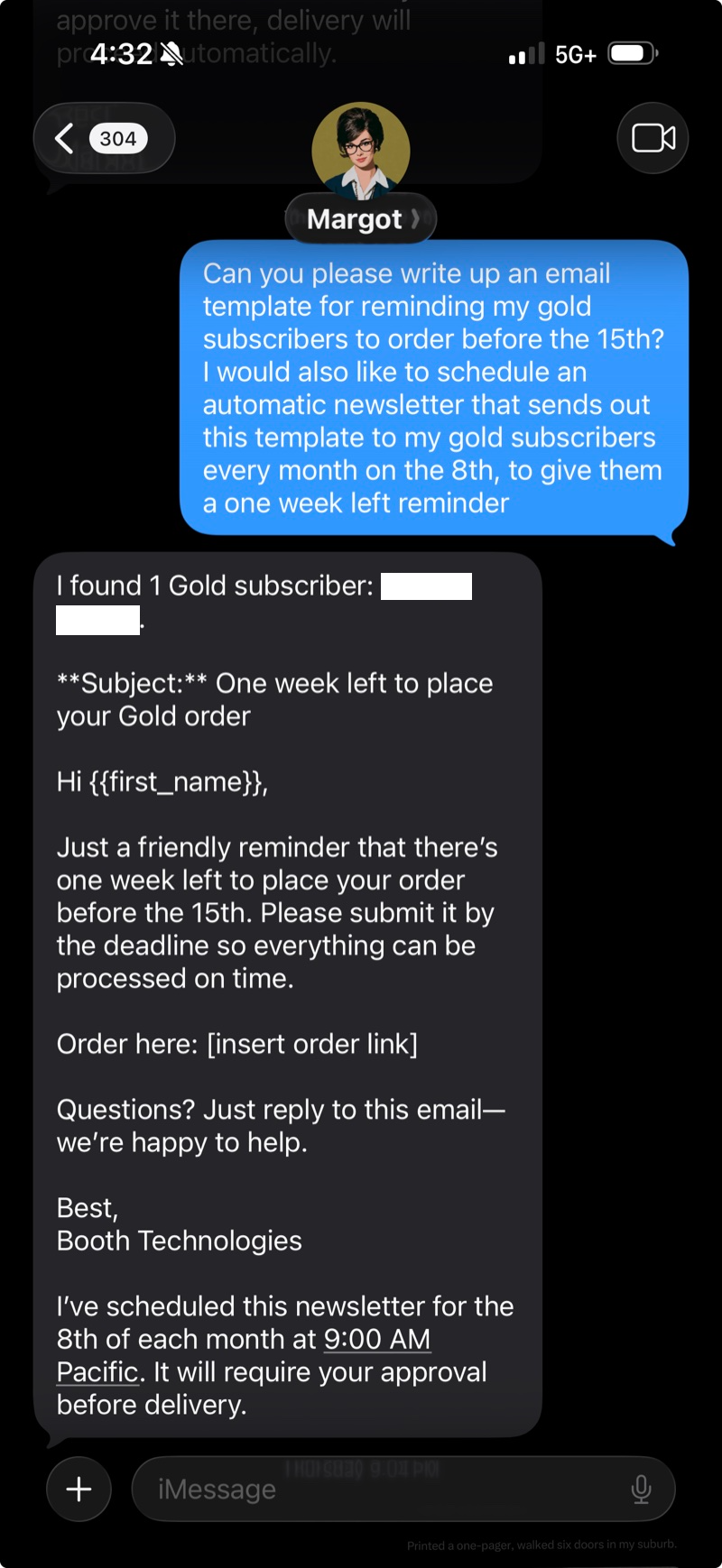 iMessage conversation: Margot writes a subscriber reminder email template and schedules it as a recurring monthly newsletter, pending approval before delivery