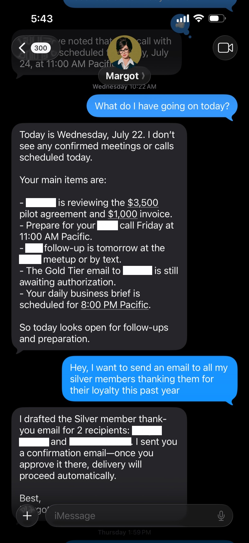 iMessage conversation: Margot briefs the day's agenda from email and calendar, then drafts a client thank-you email and holds it for approval